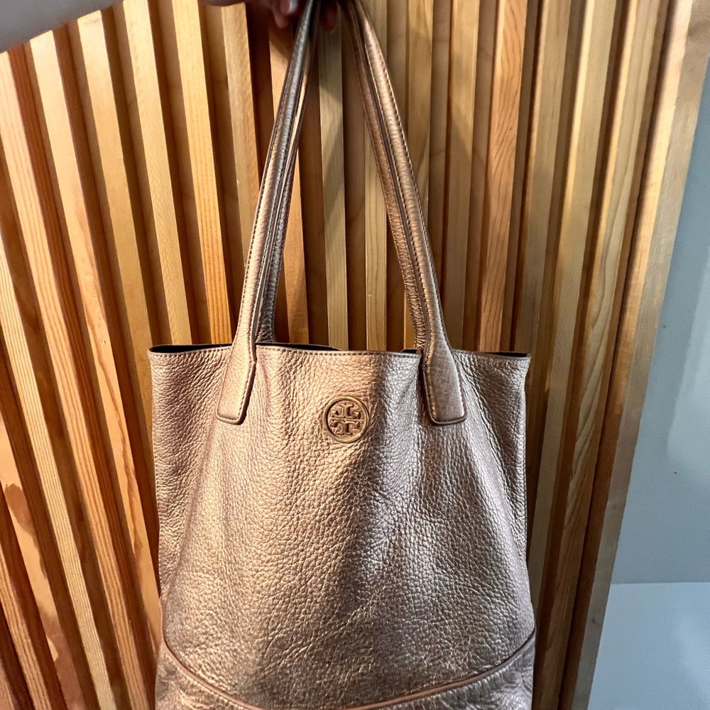Tory Burch Silver Metallic Tote Bag with Relaxed Silhouette